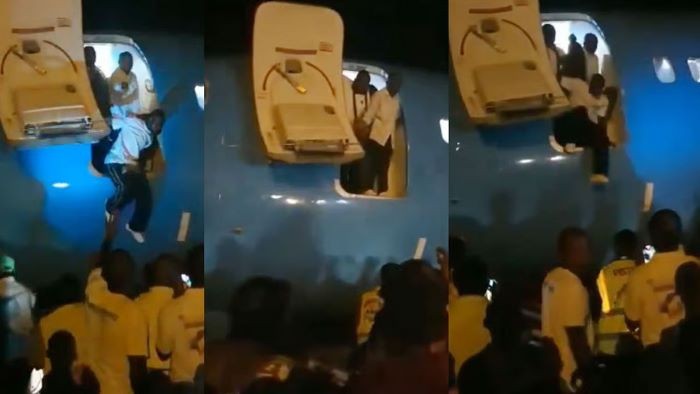 বিমানে নামার সিঁড়ি নেই, দরজা খুলে লাফ দিয়ে নামলেন যাত্রীরা!